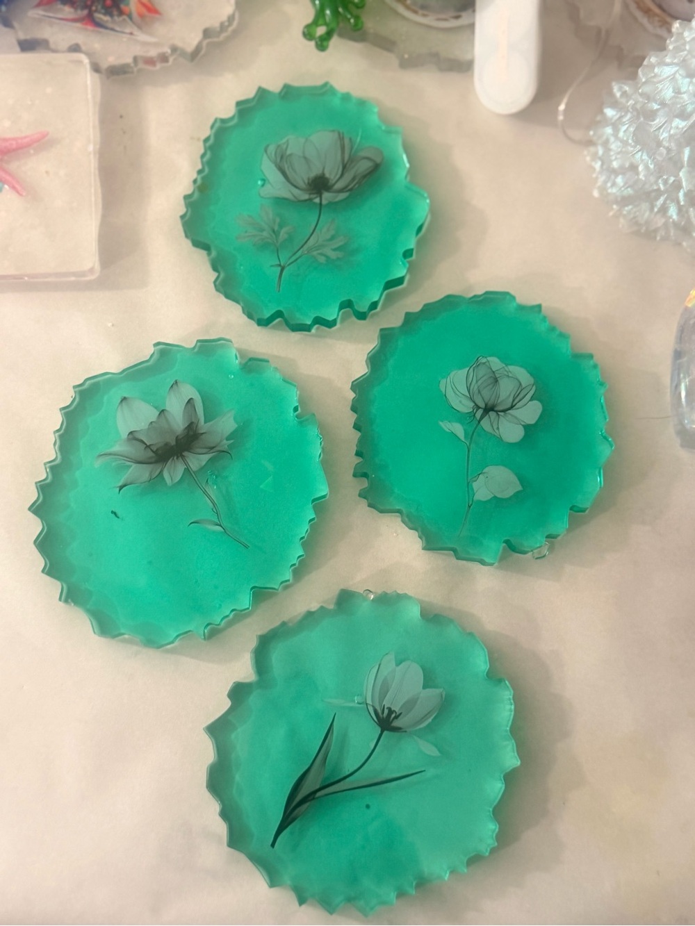 Handmade Teal Floral Resin Coaster Set - Home Art